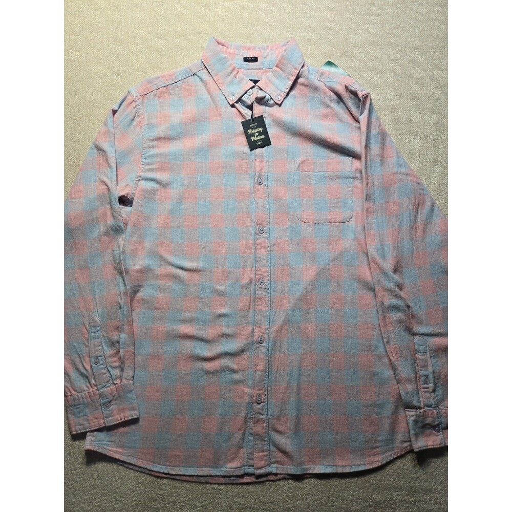 Artistry in Motion Mens Button Down Pink Blue Plaid Workwear Office Prep NEW